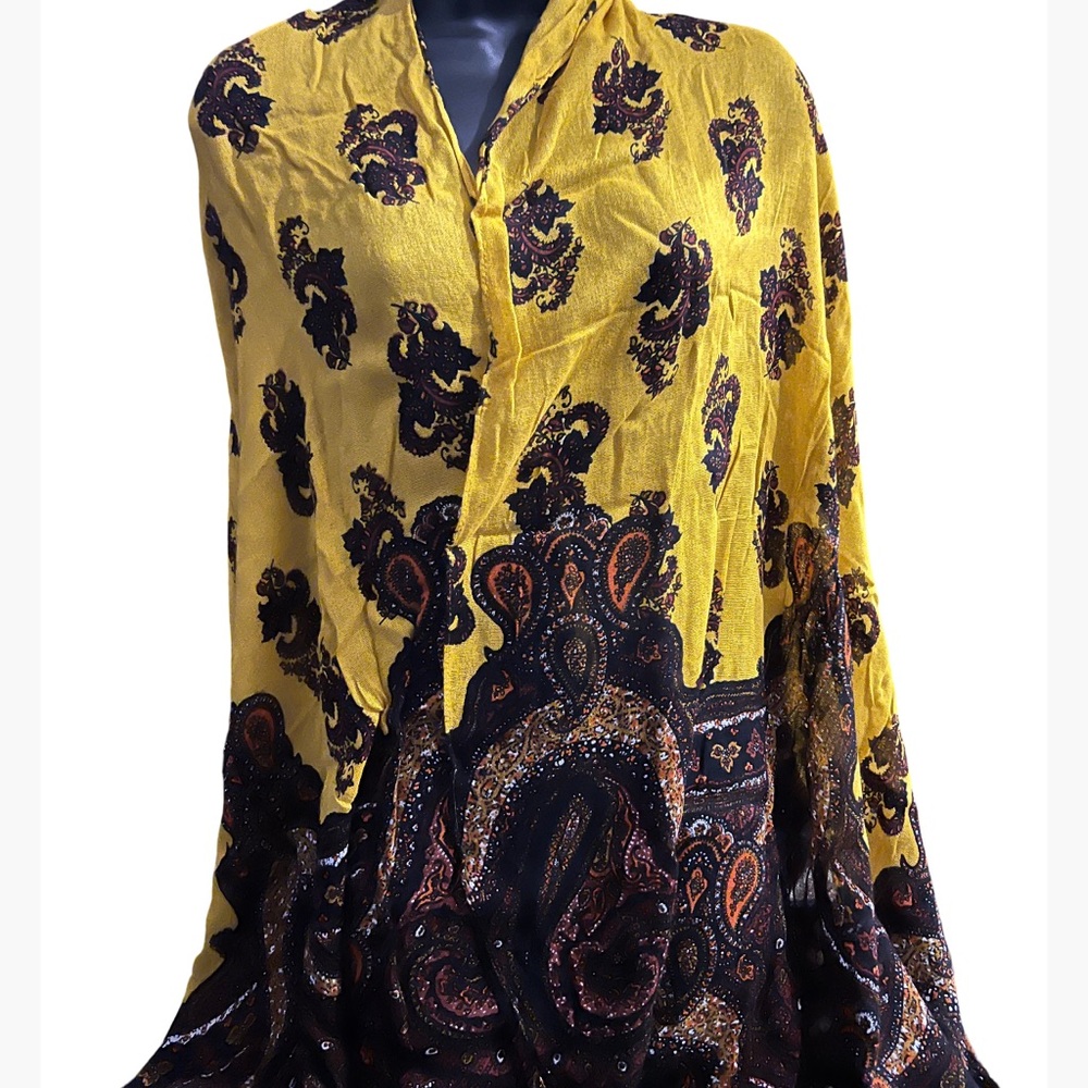 Isaac Mizrahi Yellow Gold Paisley Shawl Wrap Scarf with Bottom Fringe!